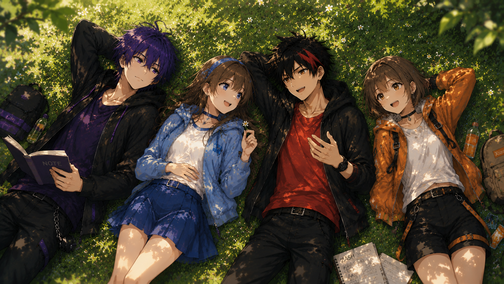 ASH, SUGAR, Shin and Xiao relaxing in a park