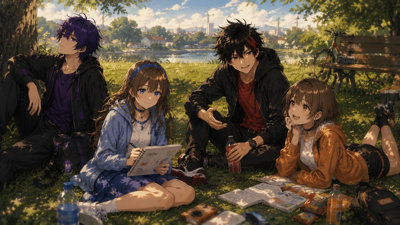 Four friends enjoying a picnic by the river