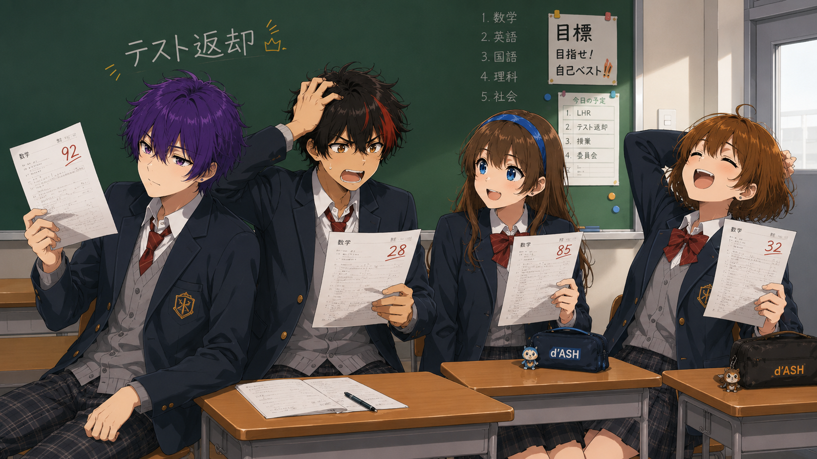 Four friends comparing their returned tests