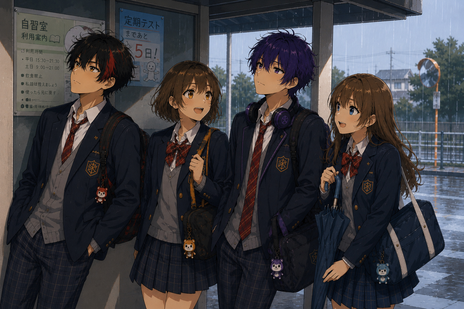 Four friends waiting for a train on a rainy day