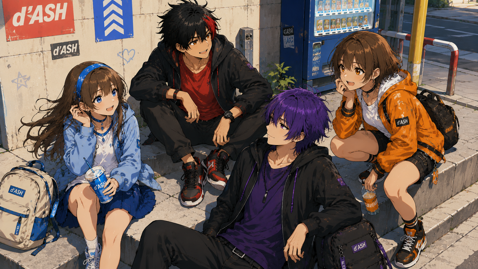 Four friends talking on the steps outside a station