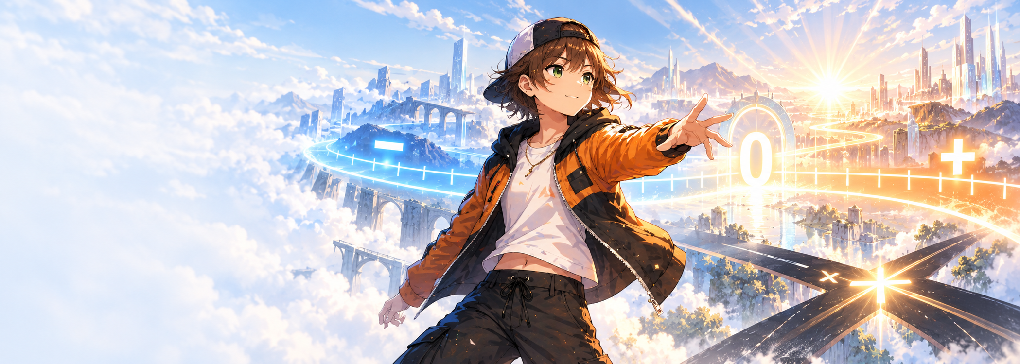 Xiao reaches toward a sunlit city along a glowing number line.