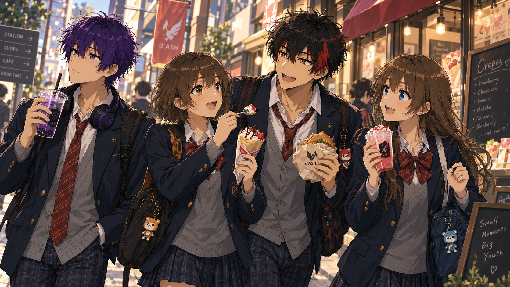 放課後に食べ歩きを楽しむASH、SUGAR、Shin、Xiaoの4人