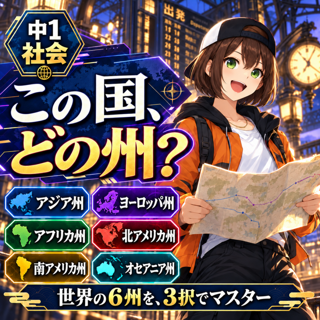 この国、どの州？ 世界の6州・48か国を3択で練習する中1社会のゲーム。あごラインのボブのXiaoが旅先で地図を広げる。