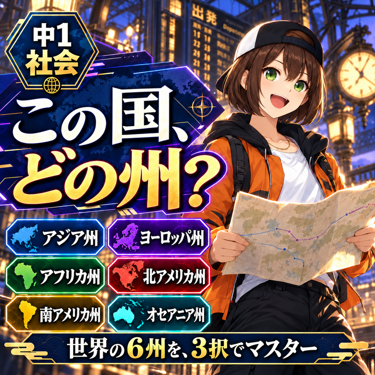 この国、どの州？ 世界の6州・48か国を3択で練習する中1社会のゲーム。あごラインのボブのXiaoが旅先で地図を広げる。
