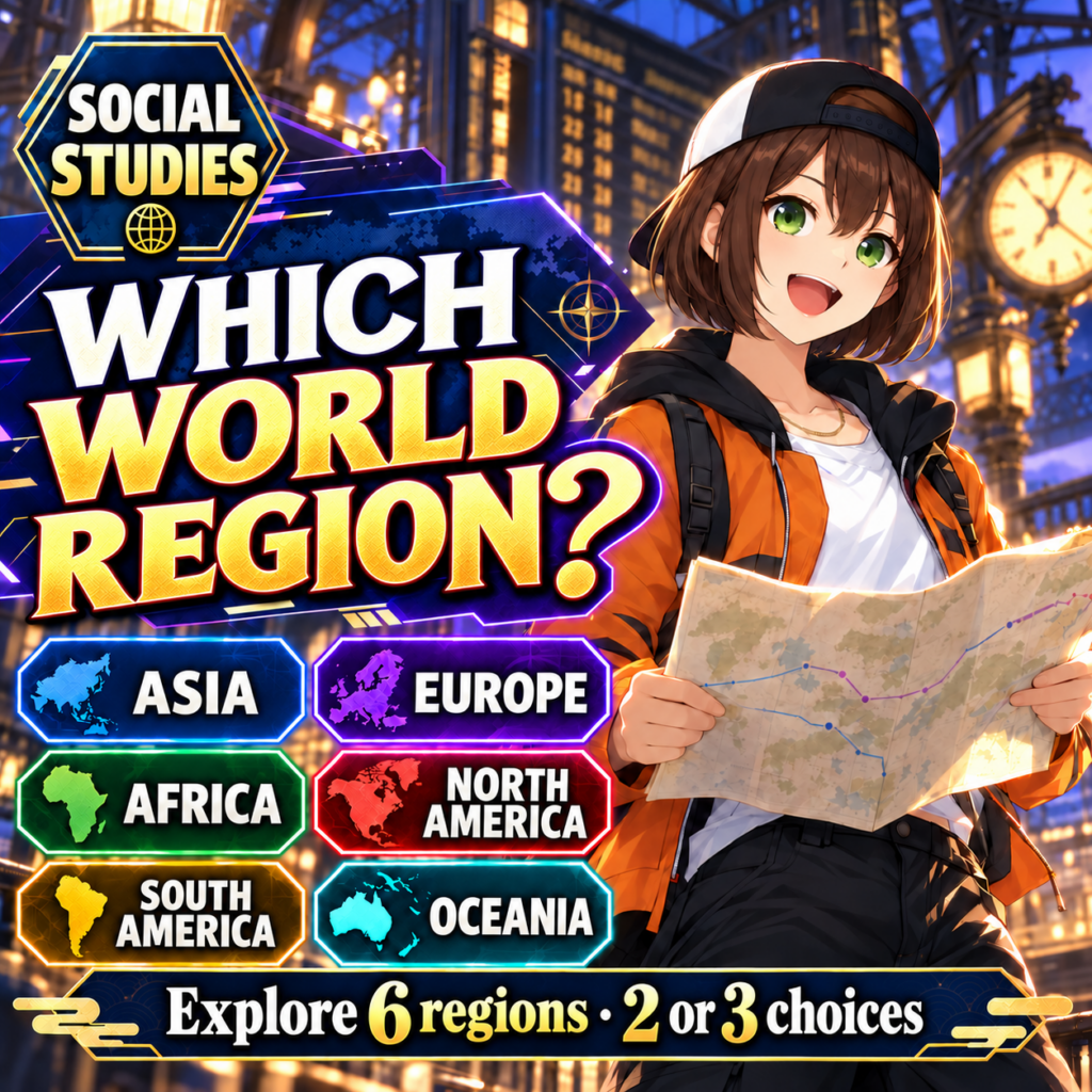 Which World Region? Xiao holds a map at a station, with six colourful world-region panels.