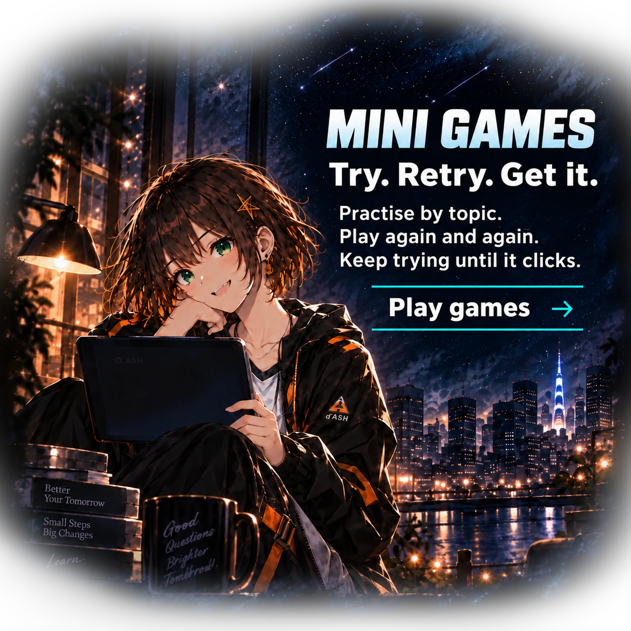 MINI GAMES. Try. Retry. Get it. Quick challenges across school subjects. Play, learn, and try again—as many times as you need. Explore games. Xiao explores a game on her tablet beside a window overlooking the city.