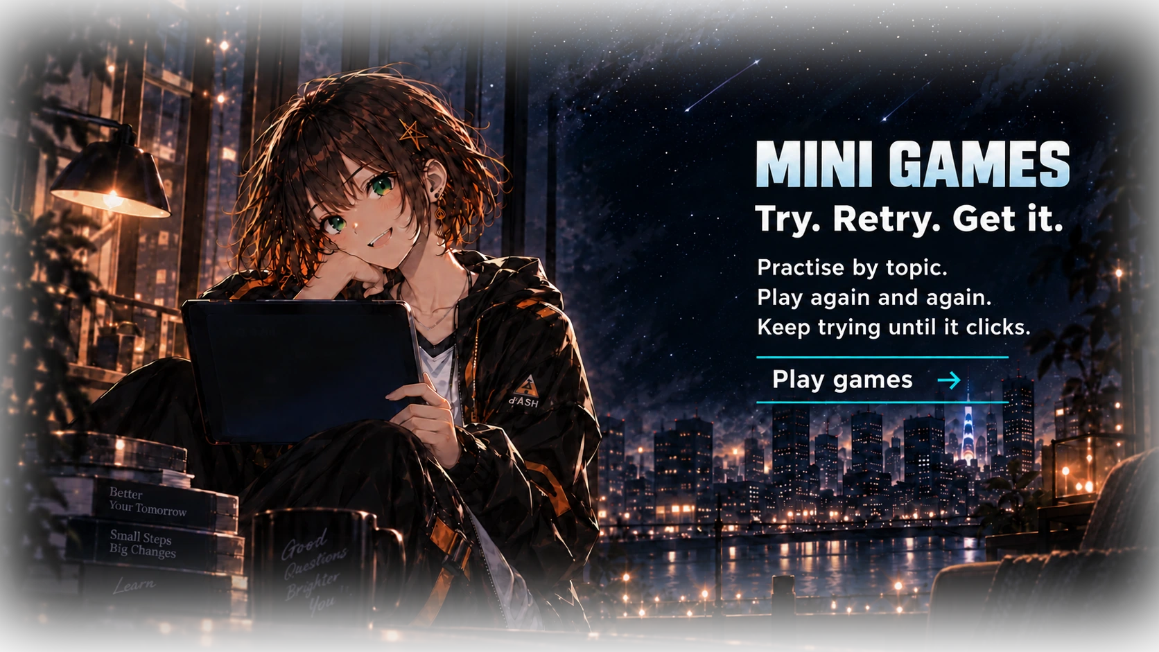 MINI GAMES. Try. Retry. Get it. Quick challenges across school subjects. Play, learn, and try again—as many times as you need. Explore games. Xiao explores a game on her tablet beside a window overlooking the city.