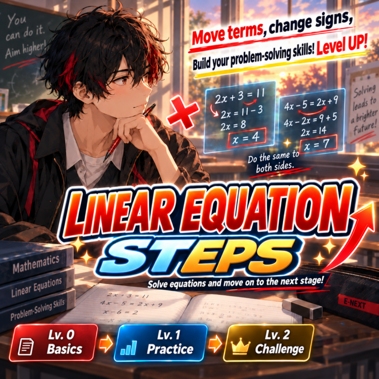 Linear Equation Steps — illustrated d’ASH game thumbnail, matching the Japanese original.