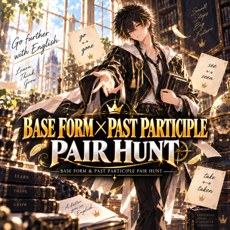 Base Form × Past Participle — illustrated d’ASH game thumbnail, matching the Japanese original.