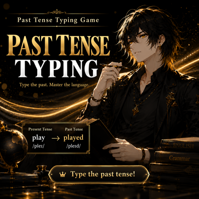 Past Tense Typing — illustrated d’ASH game thumbnail, matching the Japanese original.