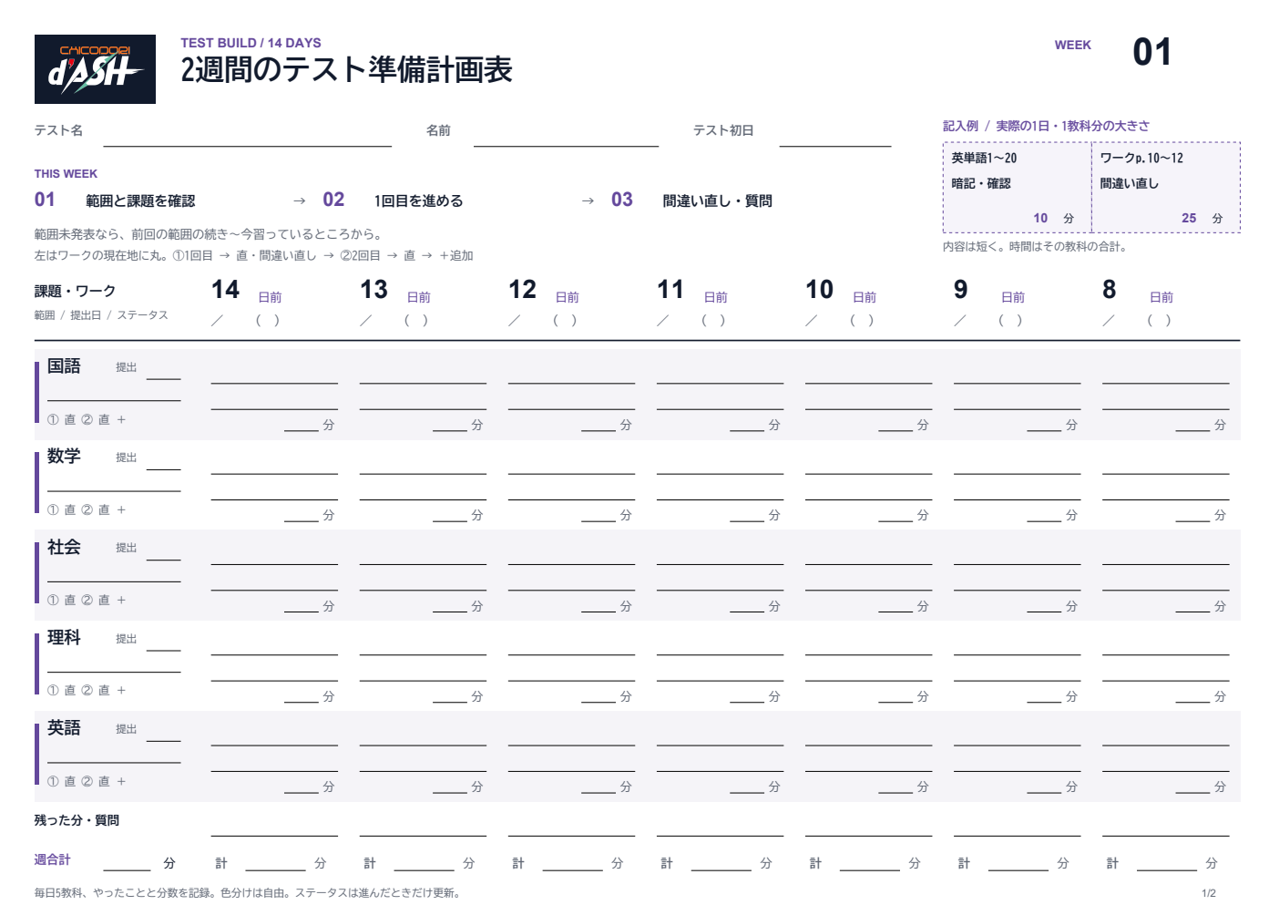 2週間のテスト準備計画表。左に範囲とステータス、右に日ごとの取り組みと分数を書く。
