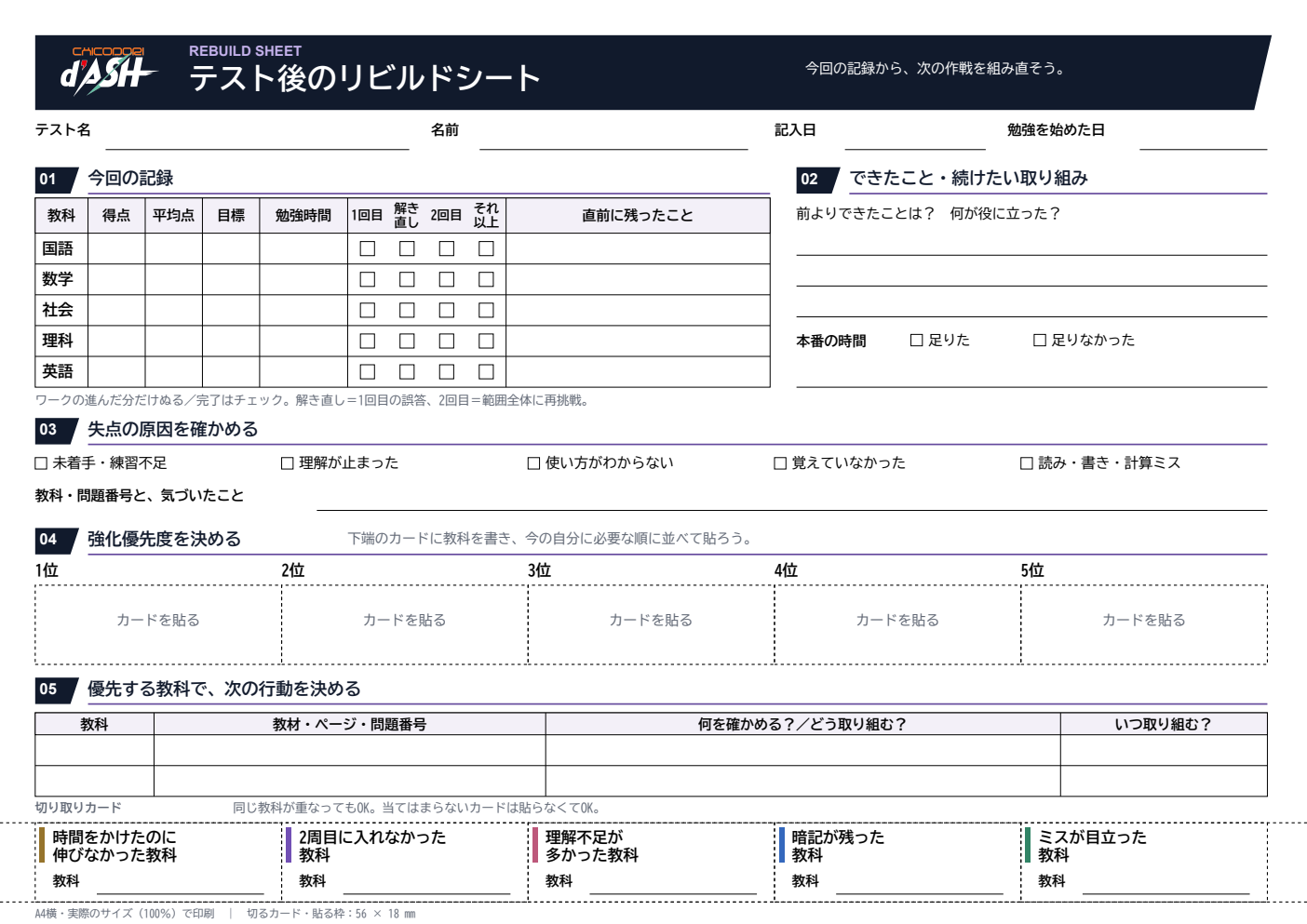 テスト後のリビルドシート。記録、できたこと、失点の原因、次の行動を一枚に整理する。