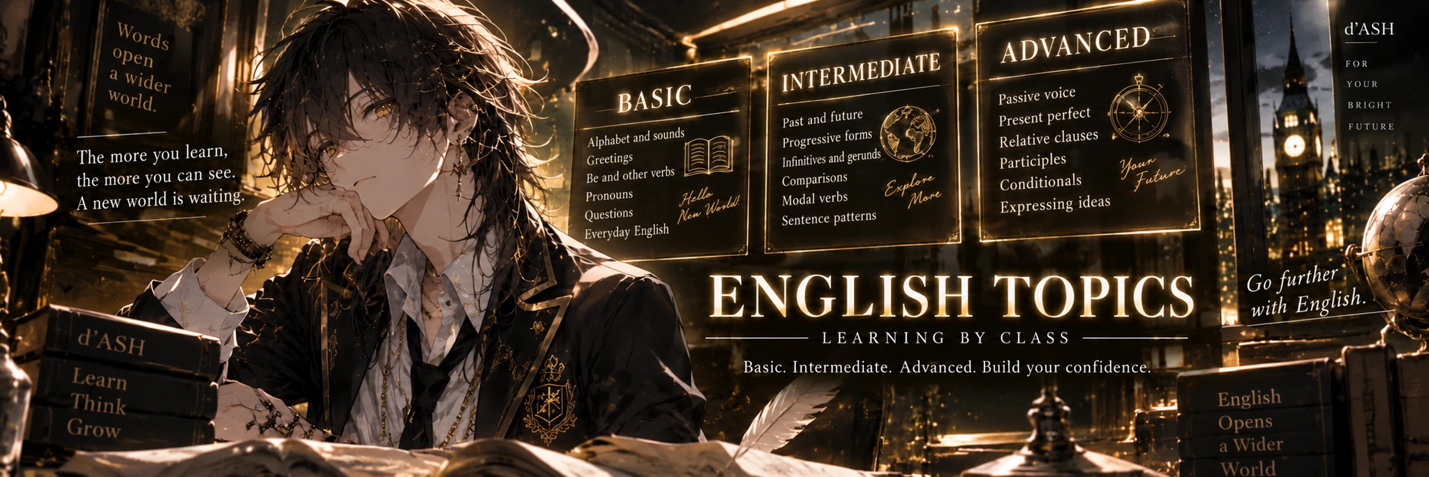 English learning topics. Basic, Intermediate and Advanced classes.