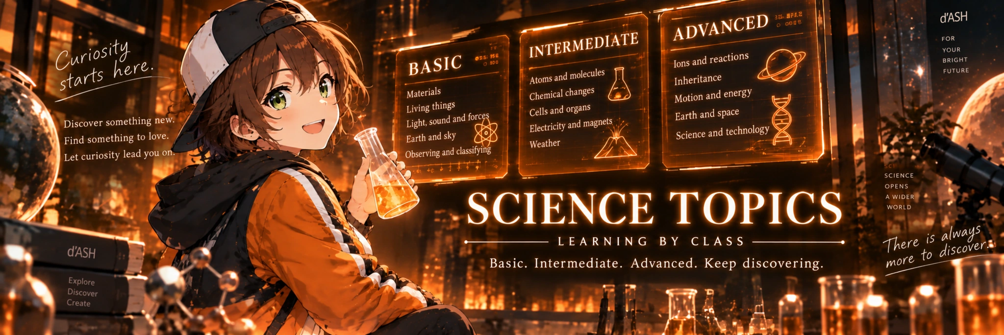 Science learning topics. Basic, Intermediate and Advanced classes.