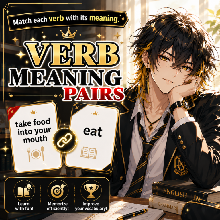 Verb Meaning Pairs — illustrated d’ASH game thumbnail, matching the Japanese original.